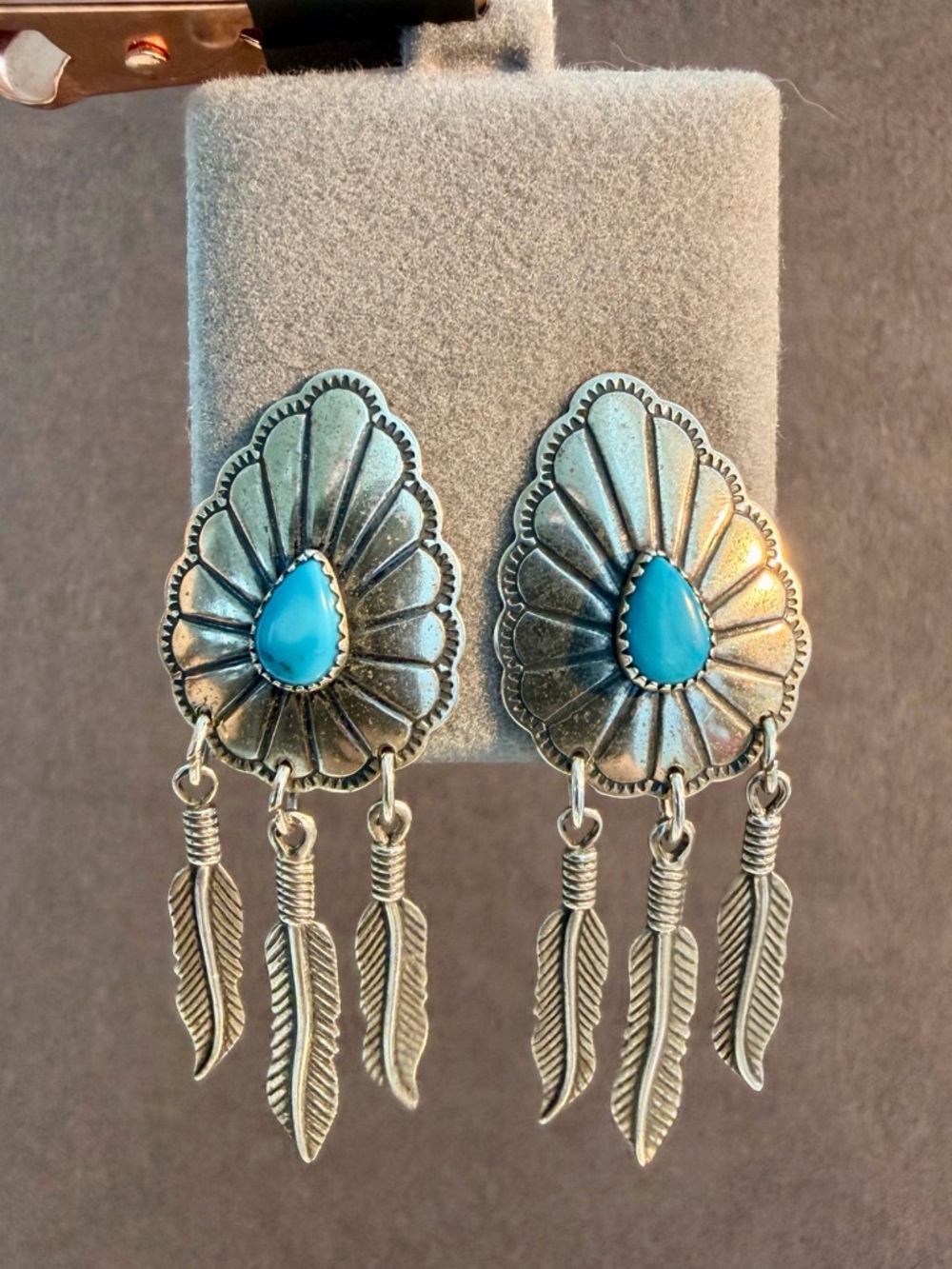 Vintage Navajo 925 Sterling Silver Turquoise Dangle Feather Drop Boho Earrings